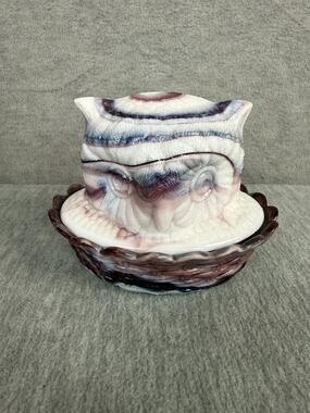 Vintage Purple Amethyst & White Slag Glass Owl on Nest Covered Dish Unmarked